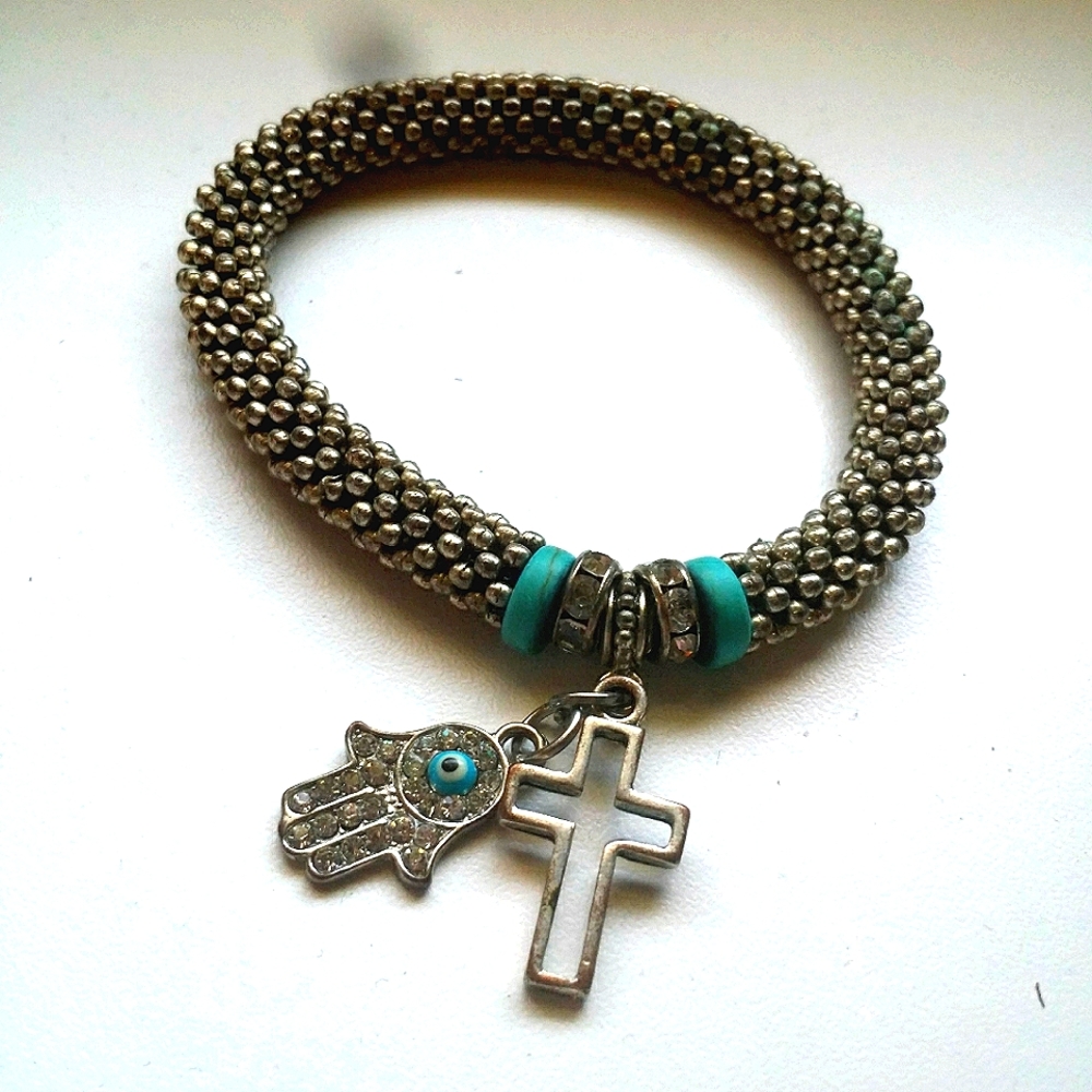 Silver/Teal elastic Bracelet Hansa & Cross